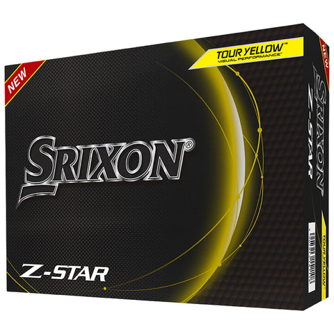 A box of Srixon Z-Star golf balls features a black background with yellow accents showcasing the brand logo and product name designed to indicate new visual performance enhancements.