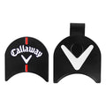 Two golf putter head covers are displayed side by side. The left cover features the "Callaway" logo and a red line, while the right has a white "V" symbol on a black background.