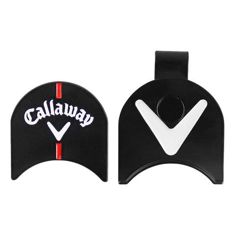 Two golf putter head covers are displayed side by side. The left cover features the "Callaway" logo and a red line, while the right has a white "V" symbol on a black background.