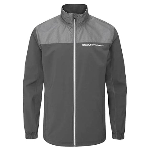 A gray jacket with a light gray upper section is hanging upright featuring a front zipper and a logo on the left chest area suitable for outdoor or casual wear.