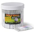 A transparent container filled with white golf ball marking pens is displayed with a few pens resting outside. The container's label highlights qualities like excellent adhesion and moisture resistance.