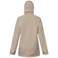 A beige rain jacket is displayed facing away showing a hood and long sleeves with elastic cuffs in a plain background suggesting it is meant for outdoor use in wet weather.