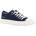 A navy blue sneaker with white laces and a textured white sole displays the brand name and a small French flag on the side, set against a plain background.