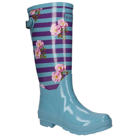 A rubber rain boot decorated with purple and blue stripes and pink floral designs stands upright showcasing its glossy finish and sturdy sole suitable for wet conditions.