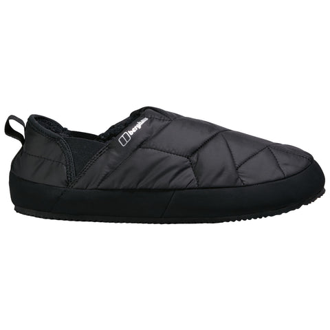 A black puffy slipper is positioned sideways showcasing its soft padded upper and rubber sole emphasizing its cozy design suitable for indoor use.