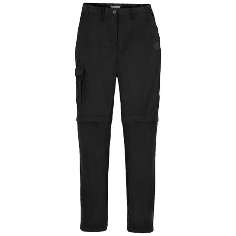 Black cargo pants hang vertically with a button closure and elastic waistband featuring a side pocket and adjustable cuffs suitable for casual or outdoor settings.