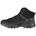 A black hiking boot features a high ankle design with a textured surface and lacing system for a secure fit. It is intended for outdoor activities on rugged terrain.