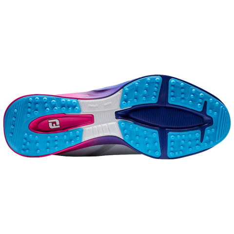 A multicolored athletic shoe sole is displayed featuring blue and pink accents with various textured patterns designed for grip and stability positioned against a plain white background.