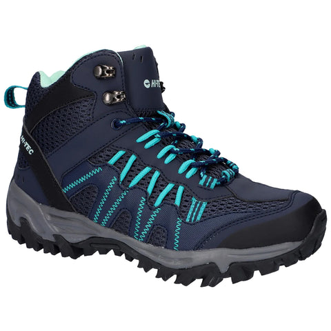 A hiking boot features a dark blue upper with turquoise laces and accents providing support and grip designed for outdoor activities set against a white background.