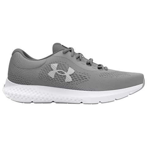 A gray athletic shoe is positioned sideways showcasing its design features including a textured upper and white sole emphasizing functionality and style suitable for sports or casual wear.