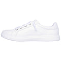 A white sneaker is shown positioned sideways laced with light blue shoelaces featuring a smooth leather texture and a flat rubber sole set against a plain background.