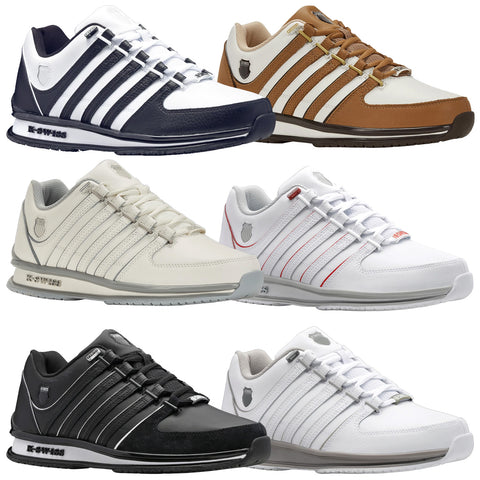 Six pairs of athletic shoes are displayed in two horizontal rows featuring varying color patterns including black white beige and brown the shoes are designed with laces and stripes for a sporty appearance