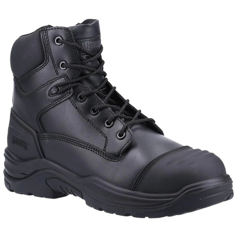 A black tactical boot with a lace-up design stands upright showcasing its leather exterior and reinforced toe. It is designed for durability and support in rugged environments.