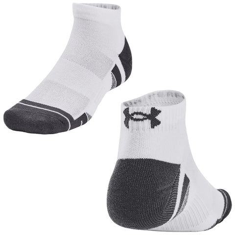 A pair of athletic socks is displayed with a low-cut design in white and black. The socks are positioned to show both the front and back, highlighting their sporty aesthetics.