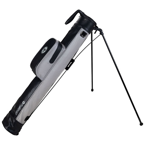 A golf bag stands upright on its extended legs showcasing its sleek gray and black design with a side pocket for storage in a neutral setting.