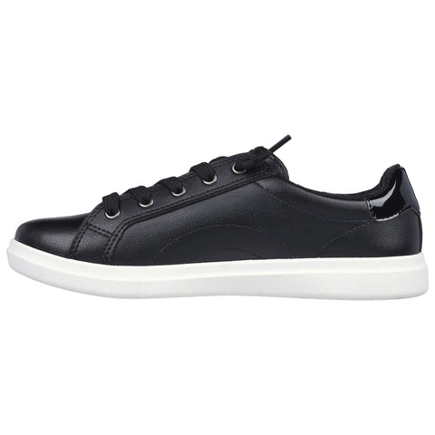 Black sneaker with a sleek design featuring a smooth leather upper and white sole is positioned sideways against a plain background highlighting its minimalist style and structure.