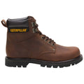 A brown work boot features a sturdy leather construction and a rubber sole with tread for traction. It includes metal eyelets for laces and a padded collar for comfort. A logo is visible on the side.