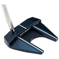 A golf putter with a dark blue metallic finish is positioned at an angle showing its unique shape and two white alignment lines on the top for guidance during play.