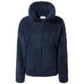 A navy blue fleece jacket is displayed featuring a zip front and a high collar. The soft, textured fabric suggests warmth and casual style suitable for cooler weather.