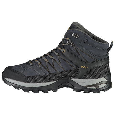 A black hiking boot features a high ankle design with a textured fabric and mesh panels for breathability and support showcasing laces and a rugged sole for traction on varied terrains