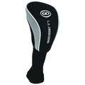 A golf club headcover is displayed upright with a sleek black exterior and white mesh accents featuring a logo and the word “WEB” visible on the side.