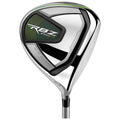 A golf driver is displayed prominently with a sleek silver and black design featuring green accents and text indicating model details while resting against a neutral background.