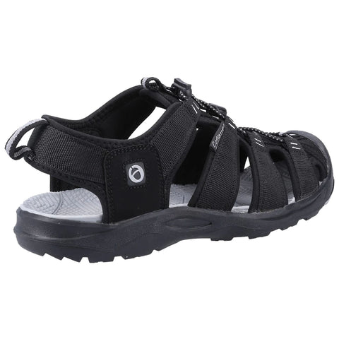 Black sandals are positioned at an angle showcasing their straps and outsole featuring a rugged design suitable for outdoor activities with a cushioned footbed for comfort.