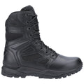 A black tactical boot features mesh and leather materials providing durability and breathability while showcasing a high top design and rugged rubber sole suitable for outdoor activities.