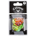 A pack of eight neon ball markers is displayed with vibrant colors including orange green and yellow featuring the logo Callaway prominent on each marker packaged in transparent plastic on a black background.