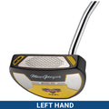 A black and yellow golf putter with a shiny chrome shaft is displayed prominently against a plain background labeled LEFT HAND and featuring the brand name MacGregor and model number 003.