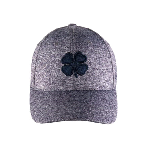 A gray cap with a dark blue embroidered four-leaf clover logo is centered with a rounded top and a curved brim designed for casual wear.