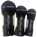 Three golf club headcovers are displayed in various sizes each featuring a black background with white and green accents the largest showing CG-4000 and MacGregor branding.