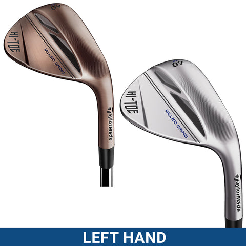 Two golf wedges are displayed with sleek designs highlighting a bronze and a silver finish. Both feature a milling pattern and are presented on a blue background labeled LEFT HAND.