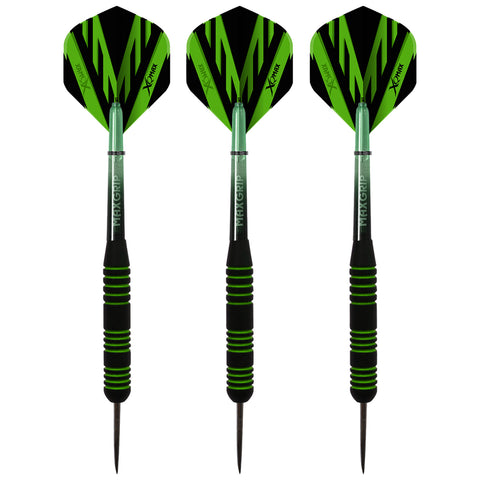 Three green and black darts are arranged in a row each with a pointed tip and ridged grip suggesting they are ready for play in a darts game setting.