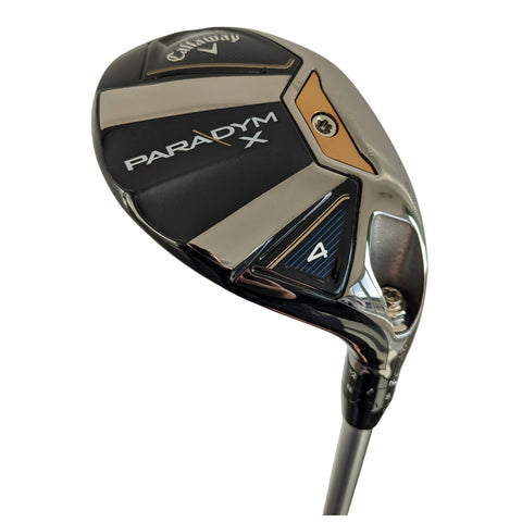 A golf club head is angled upwards showcasing a black and silver design with "PARADYM X" and the number 4 displayed prominently, designed for precision in a golf game.