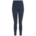 Navy blue leggings with a high waist and a side pocket are displayed upright against a plain background emphasizing their sleek design and athletic style suitable for workouts or casual wear.