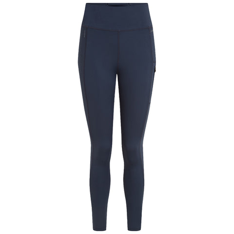 Navy blue leggings with a high waist and a side pocket are displayed upright against a plain background emphasizing their sleek design and athletic style suitable for workouts or casual wear.