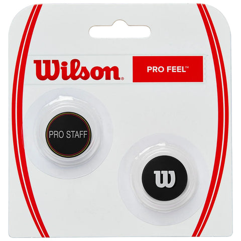 Black tennis grip caps are displayed in a clear packaging. They are labeled "PRO STAFF" and feature the Wilson logo. The package is designed for organizing and improving tennis racket performance.