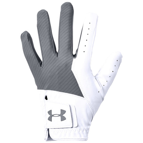 A white golf glove is displayed with a gray textured palm. It is designed for grip and performance in sports, set against a plain background.