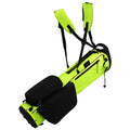 A bright yellow golf bag with black accents features double straps for carrying and multiple storage pockets for accessories, designed for ease of transport on the golf course.