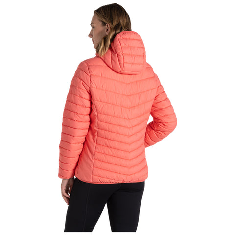 A coral puffer jacket with a hood displays a zippered front and is designed for warmth featuring horizontal quilted sections giving a textured appearance suitable for outdoor activities.