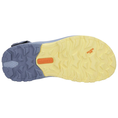 A shoe sole features a patterned grip design and a mix of grey and yellow colors the sole indicates traction and flexibility suitable for outdoor activities