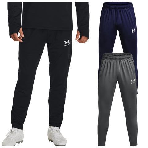 Athletic pants are displayed in three colors: black navy and gray. A person wearing black pants stands in the foreground showing an active lifestyle context suitable for sports or exercise.