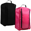 Two duffel bags stand upright side by side one is black and the other is pink both have zippers and handles designed for carrying and storage.