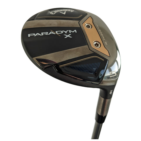 A golf club head is displayed angled slightly to the side showcasing a sleek black design with metallic accents the brand name Callaway and model name Paradym X are visible