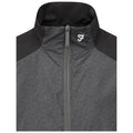 A zipped gray jacket with a high collar and black shoulder accents displays a subtle pattern and a small white logo on the left side, suitable for casual or outdoor wear.