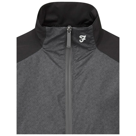 A zipped gray jacket with a high collar and black shoulder accents displays a subtle pattern and a small white logo on the left side, suitable for casual or outdoor wear.