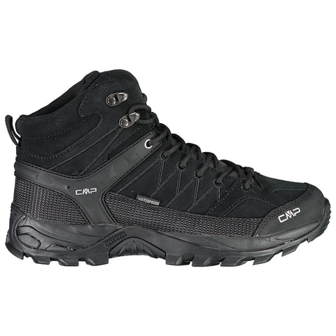 A black waterproof hiking boot is displayed prominently. It features a high top design and textured materials, suitable for outdoor activities in various weather conditions.