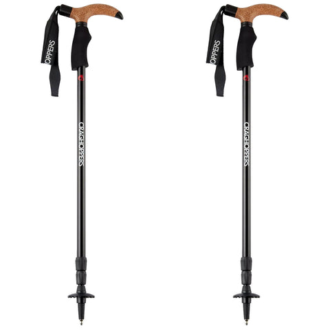 Two trekking poles stand upright with cork handles and rubber grips. Each pole has adjustable sections and rubber tips, designed for outdoor activities like hiking in natural environments.