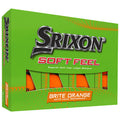 A green box contains three bright orange golf balls labeled Srixon Soft Feel with text stating superior soft feel longer distance and Brite Orange matte visual performance against a plain background.